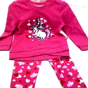 Girls Matching Set Size 24m Pink Unicorn Top Bottom Pants Hearts Glitter 2pc